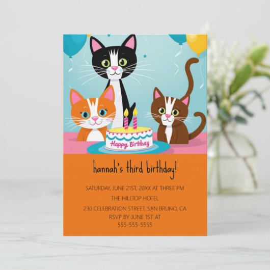 Cartoon Katten Kinder’ Gesponnen vogelfeest Kaart (Staand voorkant)