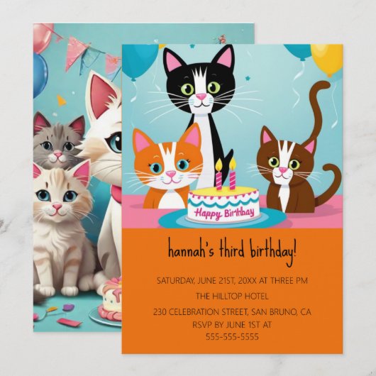 Cartoon Katten Kinder’ Gesponnen vogelfeest Kaart (Voorkant / Achterkant)