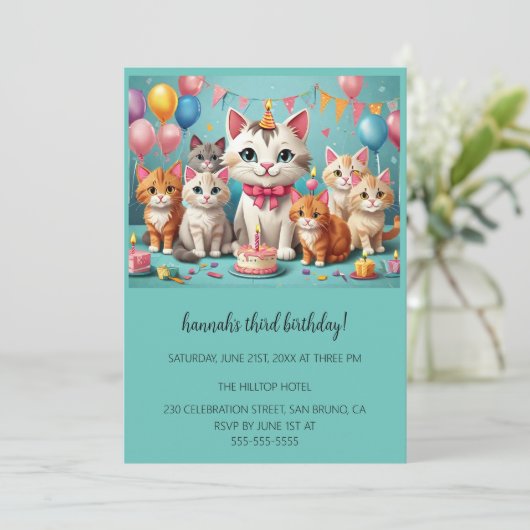 Cartoon Katten Kinder’ Gesponnen vogelfeest Kaart (Staand voorkant)