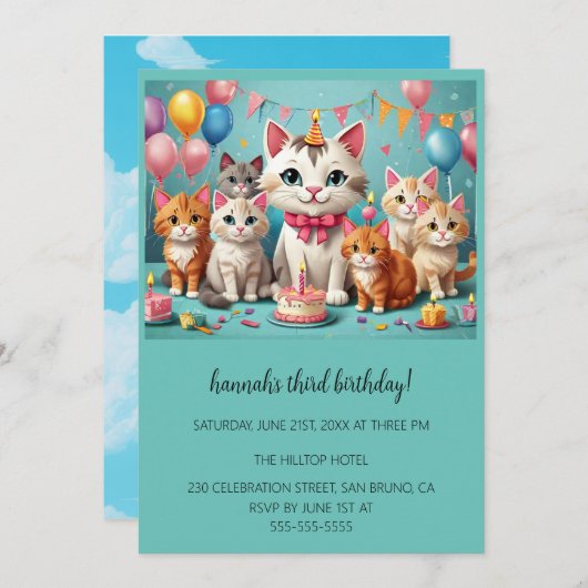 Cartoon Katten Kinder’ Gesponnen vogelfeest Kaart (Voorkant / Achterkant)