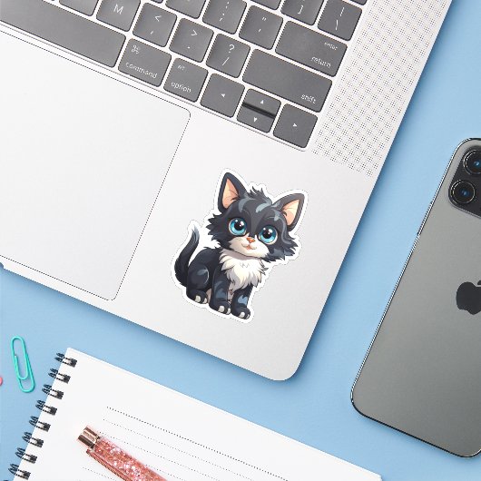 Cartoon kattenillustratie sticker (Laptop met iPhone)