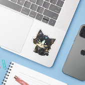 Cartoon kattenillustratie sticker (Laptop met iPhone)