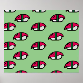 Cartoon Kawaii Sushi, Visrijst en zeewier Poster