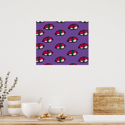Cartoon Kawaii Sushi, Visrijst en zeewier Poster (Keuken)