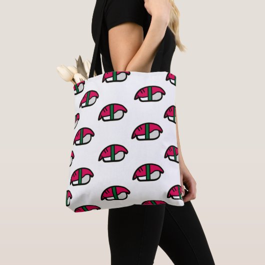Cartoon Kawaii Sushi, visrijst en zeewier Tote Bag (Dichtbij)