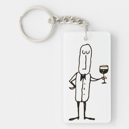 Cartoon Kelner Man met Wijnglas Sleutelhanger (Voorkant)
