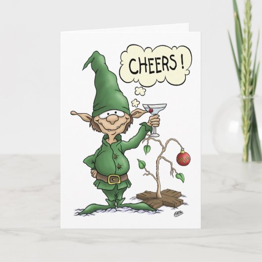 Cartoon Kerst Kaart: Cheers Elf Feestdagen Kaart (Voorkant)