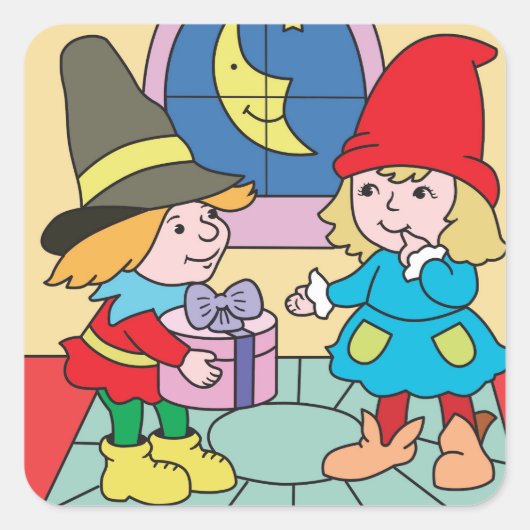 Cartoon kerst kabouters en cadeau vierkante sticker (Voorkant)