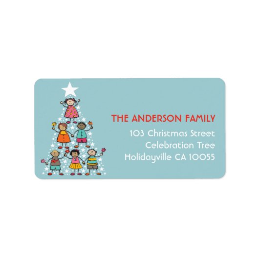 Cartoon kerstboom Kinder vakantieadres Etiket (Voorkant)