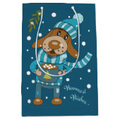 Cartoon kersthond met Mok blauwe tas Medium Cadeauzakje (Voorkant)