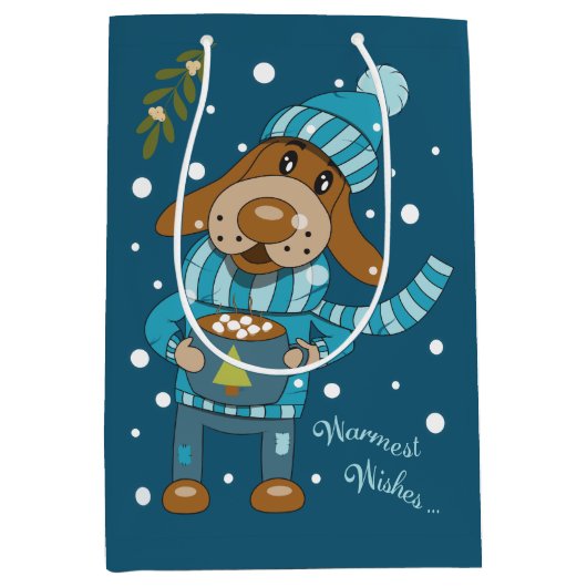 Cartoon kersthond met Mok blauwe tas Medium Cadeauzakje (Voorkant)