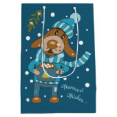 Cartoon kersthond met Mok blauwe tas Medium Cadeauzakje (Achterkant)