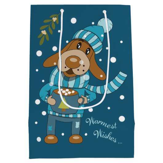 Cartoon kersthond met Mok blauwe tas Medium Cadeauzakje (Achterkant)