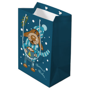 Cartoon kersthond met Mok blauwe tas Medium Cadeauzakje