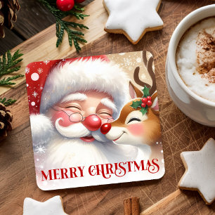 Cartoon Kerstman Rudolph Kerst Drink Ondersettings Kartonnen Onderzetters