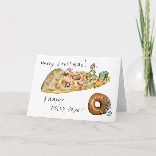 Cartoon Kerstmis Pizza en Donut Feestdagen Kaart