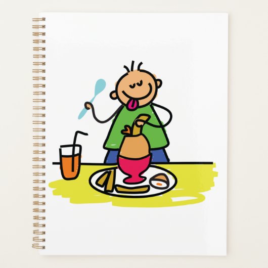 Cartoon Kind Genieten van Maaltijd met Juice and E Planner (Voorkant)