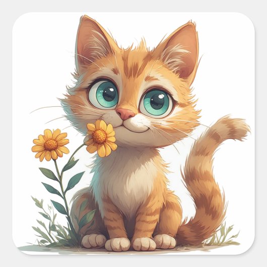 Cartoon Kitten Met Bloementuin 🐾 Vierkante Sticker (Voorkant)