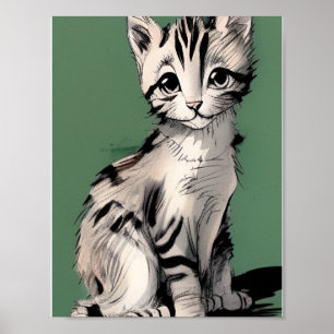Cartoon kitten striped kat stempels green poster