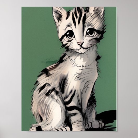 Cartoon kitten striped kat stempels green poster (Voorkant)