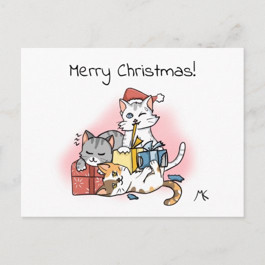 Cartoon Kittens uitpakken kerstcadeaus Feestdagenkaart (Voorkant)