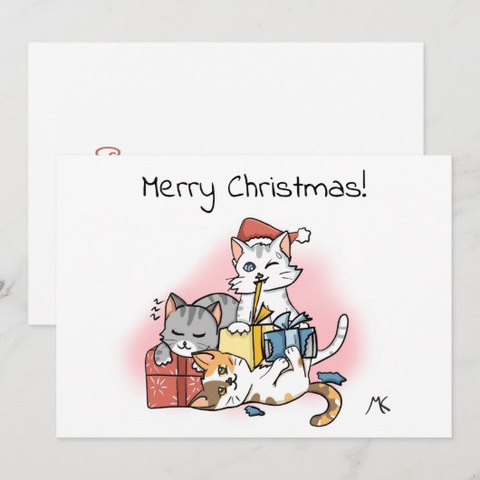 Cartoon Kittens uitpakken kerstcadeaus Feestdagenkaart (Voorkant / Achterkant)