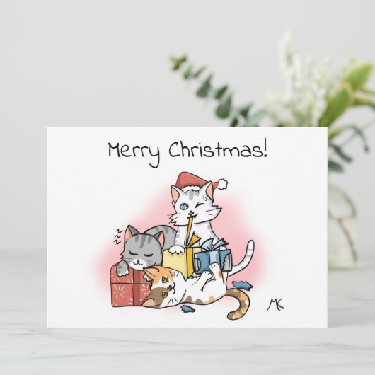 Cartoon Kittens uitpakken kerstcadeaus Feestdagenkaart (Staand voorkant)