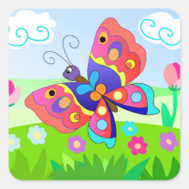 Cartoon Kleurrijke vlinders en bloemetjes Vierkante Sticker