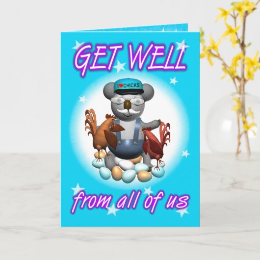 Cartoon Koala Chicken Get Well Kaart (Gele Bloem)