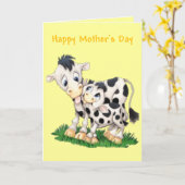 Cartoon Koe en Kalf Moederdag Kaart (Blank) (Gele Bloem)