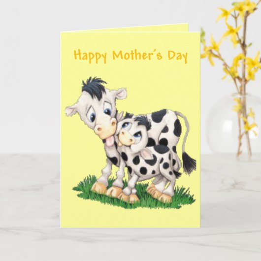 Cartoon Koe en Kalf Moederdag Kaart (Blank) (Gele Bloem)