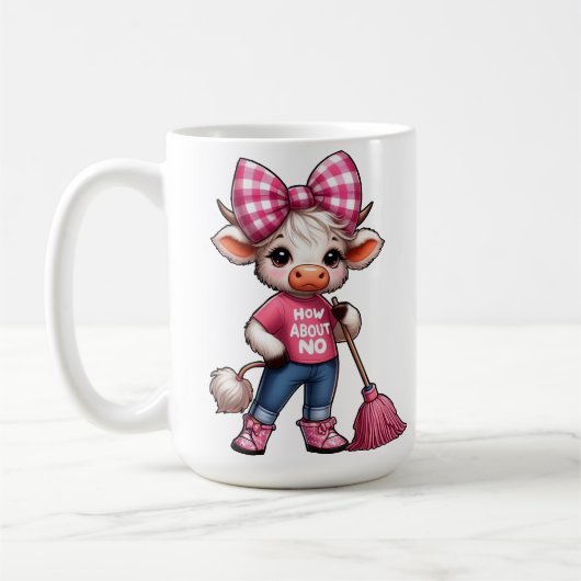 Cartoon Koe in roze outfit met Gingham Bow Koffiemok (Links)
