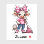 Cartoon Koe in roze outfit met Gingham Bow Sticker (Vel)