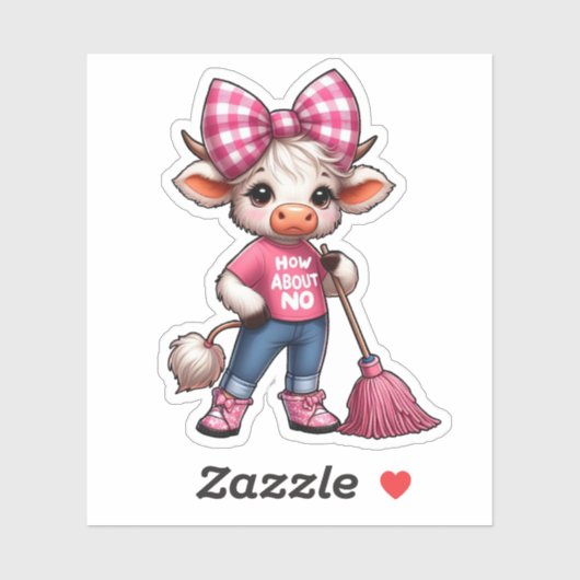 Cartoon Koe in roze outfit met Gingham Bow Sticker (Vel)