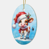 Cartoon Koe in Santa Hat Gepersonaliseerde Kerst Keramisch Ornament (Links)