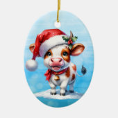 Cartoon Koe in Santa Hat Gepersonaliseerde Kerst Keramisch Ornament (Voorkant)
