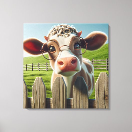 Cartoon Koe met brillen Canvas Afdruk (Voorkant)