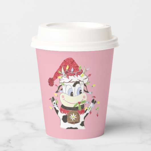 Cartoon Koe met kerstlampjes Papieren Bekers (Voorkant)