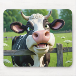Cartoon Koe peering over een hek Muismat