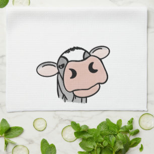 cartoon koe zwart wit roze kus grijs boerderij die theedoek