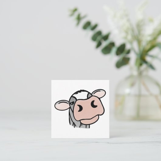cartoon koe zwart wit roze zoen grijs boerderij vierkante visitekaartje (Staand voorkant)