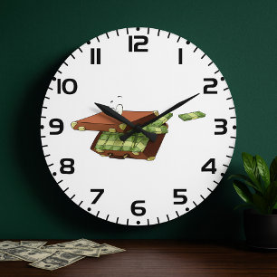 Cartoon koffer vol met geldbundels grote klok