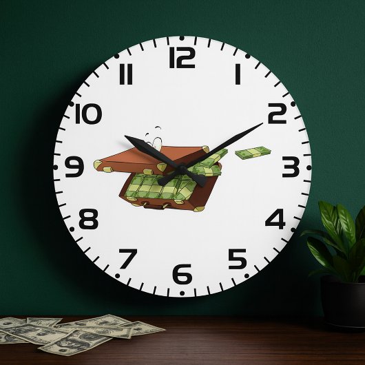 Cartoon koffer vol met geldbundels grote klok