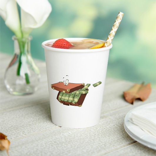 Cartoon koffer vol met geldbundels papieren bekers