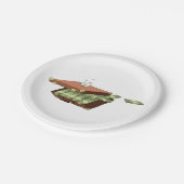 Cartoon koffer vol met geldbundels papieren bordje (Gekanteld)