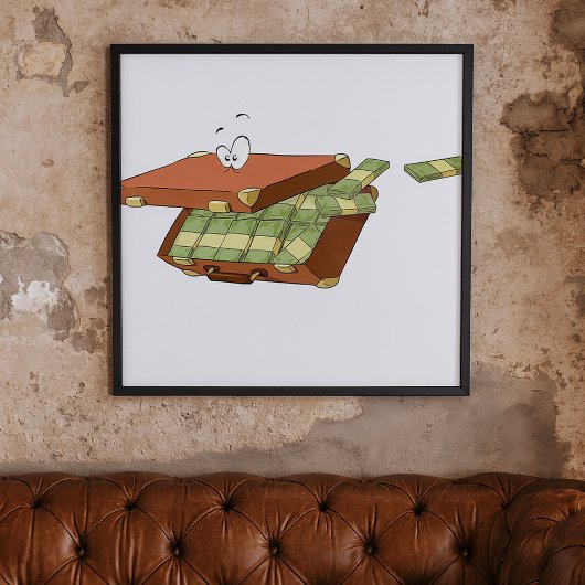 Cartoon koffer vol met geldbundels poster
