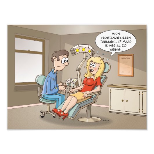 Cartoon; komt een blondje bij de tandarts foto afdruk (Voorkant)