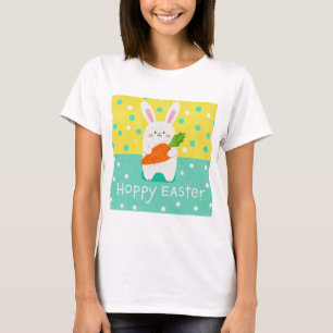 Cartoon konijntje met een wortel, polka dots t-shirt
