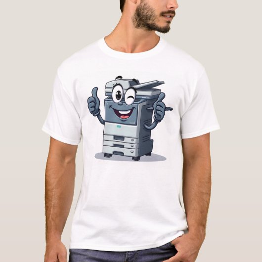 Cartoon kopieermachine mascotte met poten en grote t-shirt (Voorkant)