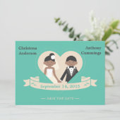 Cartoon Koppel Save The Date Aankondiging (LAA) (Staand voorkant)